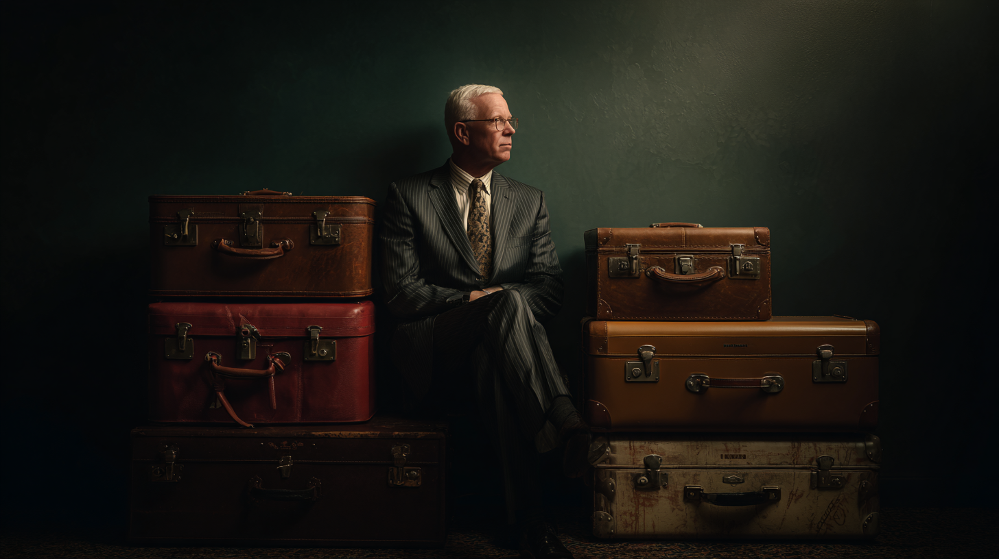 A man with white hair, wearing a pinstripe suit and patterned tie, is sitting on a stack of vintage suitcases. The suitcases are in various shades of brown and red, and the background is a dark, textured wall. The lighting is dramatic, casting shadows and highlighting the man's profile.