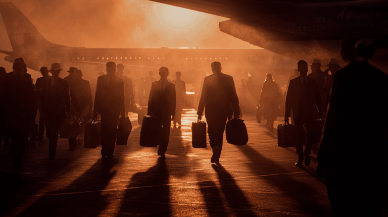 A group of people in suits and hats are walking on an airport tarmac, carrying suitcases. The scene is backlit by a warm, orange glow, possibly from a sunset or sunrise, casting long shadows. An airplane is visible in the background, partially obscured by mist or smoke.