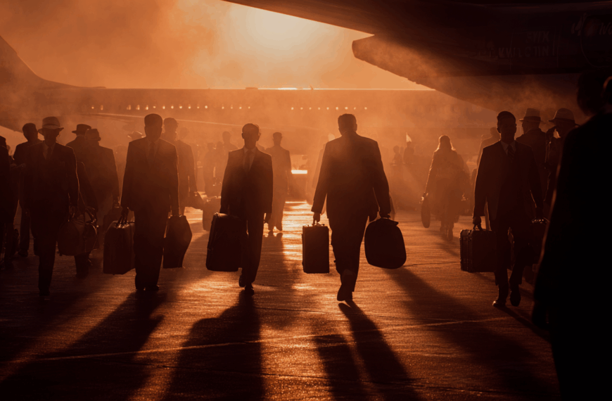 A group of people in suits and hats are walking on an airport tarmac, carrying suitcases. The scene is backlit by a warm, orange glow, possibly from a sunset or sunrise, casting long shadows. An airplane is visible in the background, partially obscured by mist or smoke.