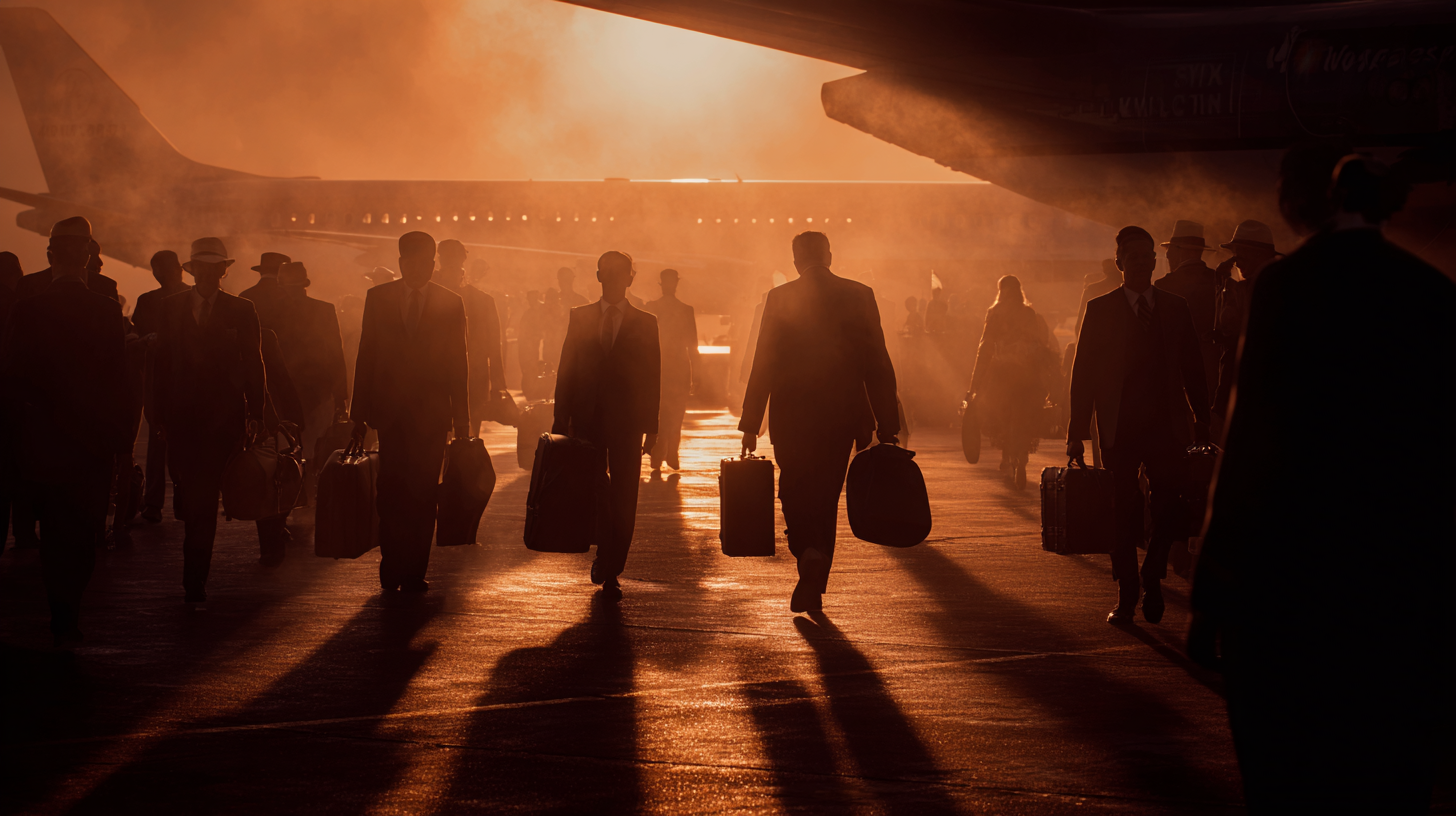 A group of people in suits and hats are walking on an airport tarmac, carrying suitcases. The scene is backlit by a warm, orange glow, possibly from a sunset or sunrise, casting long shadows. An airplane is visible in the background, partially obscured by mist or smoke.