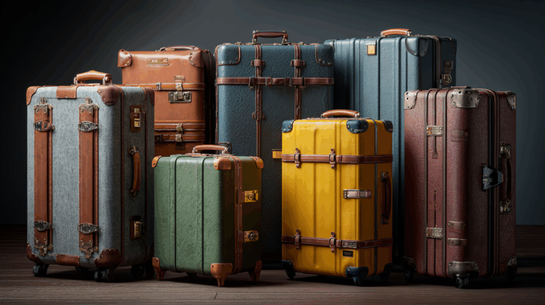 The image shows a collection of vintage-style suitcases in various colors and sizes. The suitcases are made of materials like leather and fabric, featuring metal clasps and handles. They are arranged in a group on a wooden floor against a dark background, showcasing their classic and elegant design.