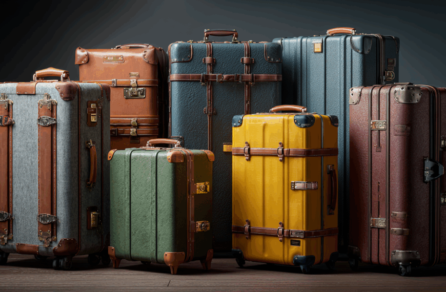 The image shows a collection of vintage-style suitcases in various colors and sizes. The suitcases are made of materials like leather and fabric, featuring metal clasps and handles. They are arranged in a group on a wooden floor against a dark background, showcasing their classic and elegant design.