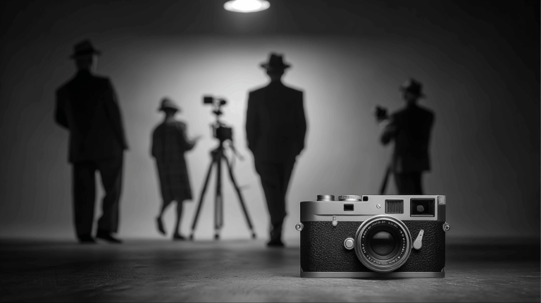 A vintage camera is prominently displayed in the foreground of a black and white image. In the blurred background, four people wearing hats and coats are standing, with one person operating a film camera on a tripod. The scene is lit by an overhead light, creating a classic, cinematic atmosphere.