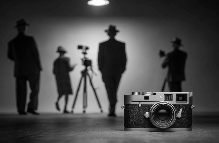A vintage camera is prominently displayed in the foreground of a black and white image. In the blurred background, four people wearing hats and coats are standing, with one person operating a film camera on a tripod. The scene is lit by an overhead light, creating a classic, cinematic atmosphere.