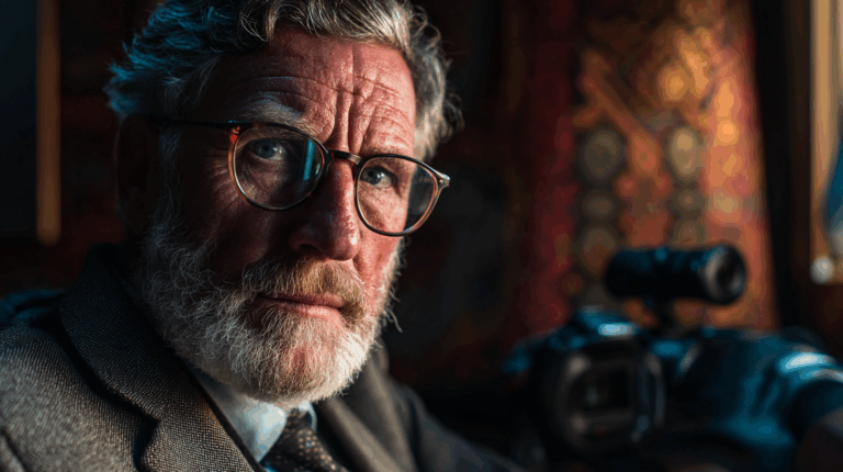 A man with a beard and glasses is looking intently at the camera. He is wearing a suit and tie. The background is softly lit with a patterned design, and there is a camera with a microphone visible in the foreground.