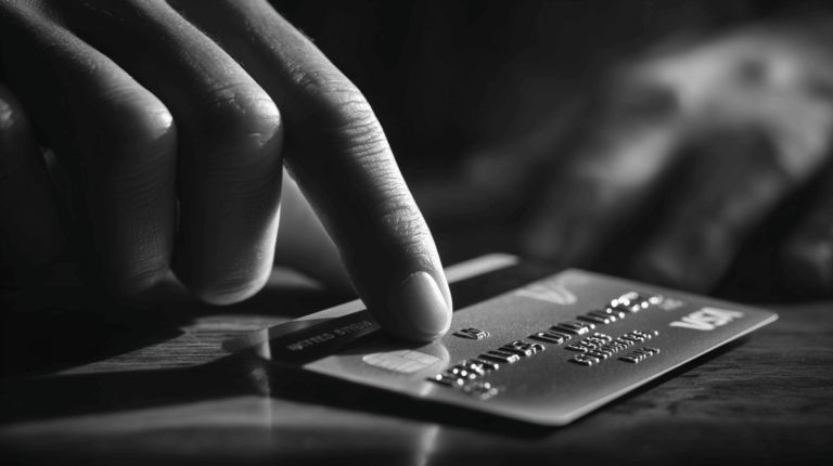 A close-up black and white image of a hand touching a credit card on a wooden surface. The card has embossed numbers and a visible chip, with the word "VISA" partially visible. The lighting creates a dramatic contrast, highlighting the texture of the hand and card.