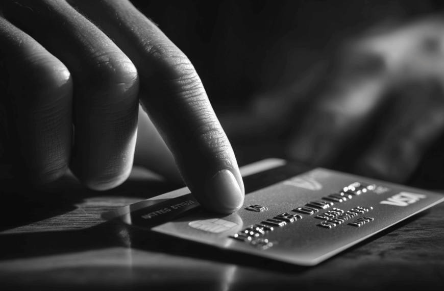 A close-up black and white image of a hand touching a credit card on a wooden surface. The card has embossed numbers and a visible chip, with the word "VISA" partially visible. The lighting creates a dramatic contrast, highlighting the texture of the hand and card.