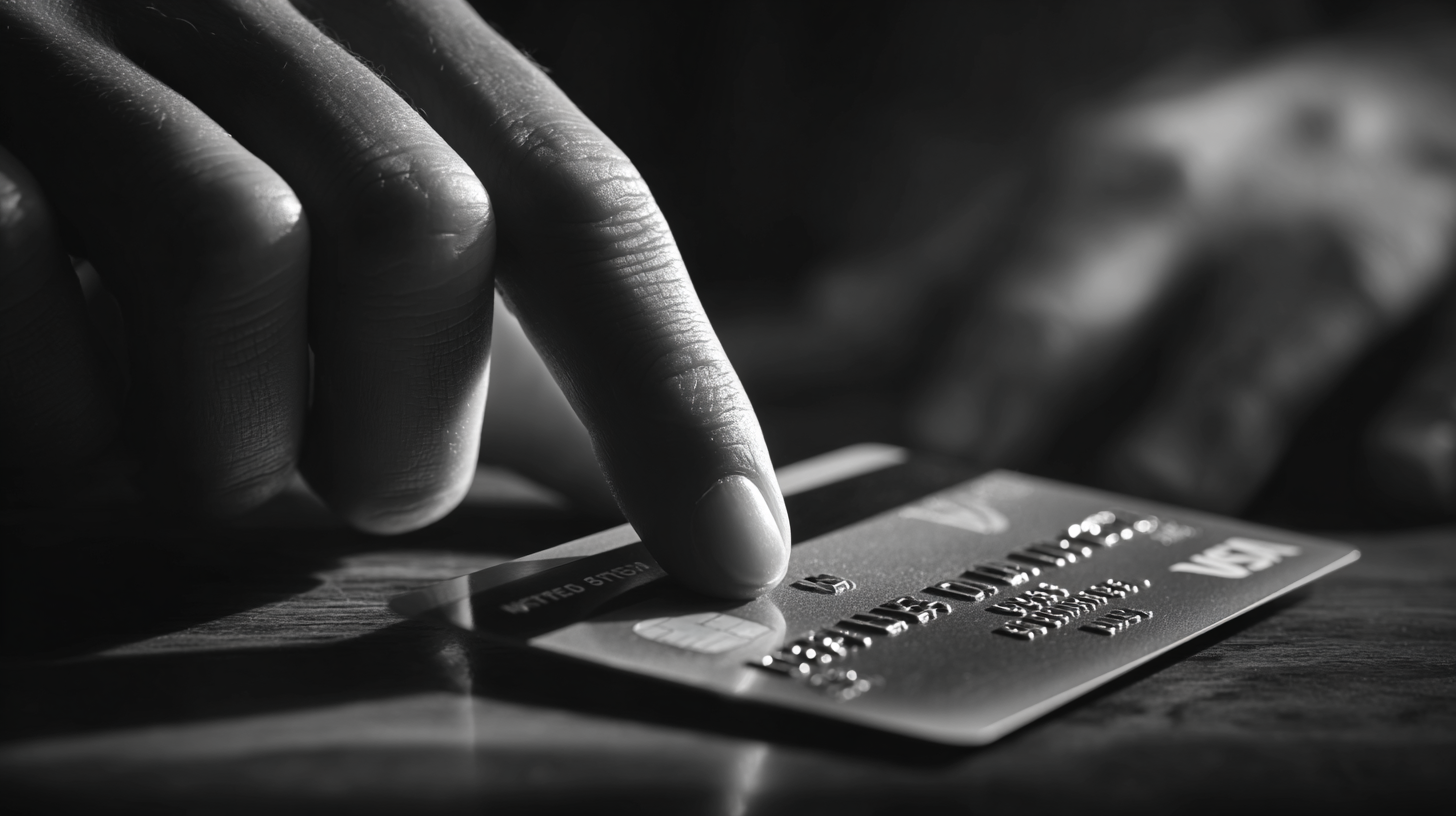 A close-up black and white image of a hand touching a credit card on a wooden surface. The card has embossed numbers and a visible chip, with the word "VISA" partially visible. The lighting creates a dramatic contrast, highlighting the texture of the hand and card.