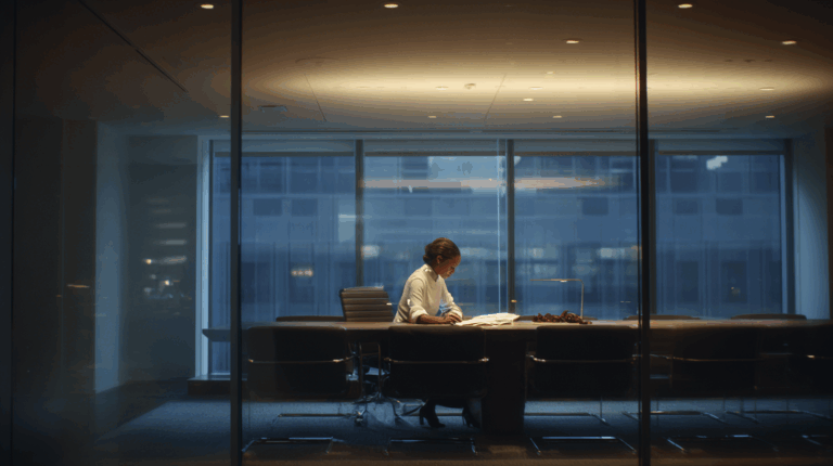 A person is sitting alone at a large conference table in a dimly lit office room, reading documents. The room has a modern design with glass walls and a view of a building outside. The lighting is focused on the table, creating a contrast with the darker surroundings.