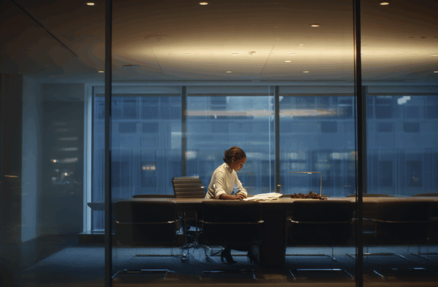 A person is sitting alone at a large conference table in a dimly lit office room, reading documents. The room has a modern design with glass walls and a view of a building outside. The lighting is focused on the table, creating a contrast with the darker surroundings.