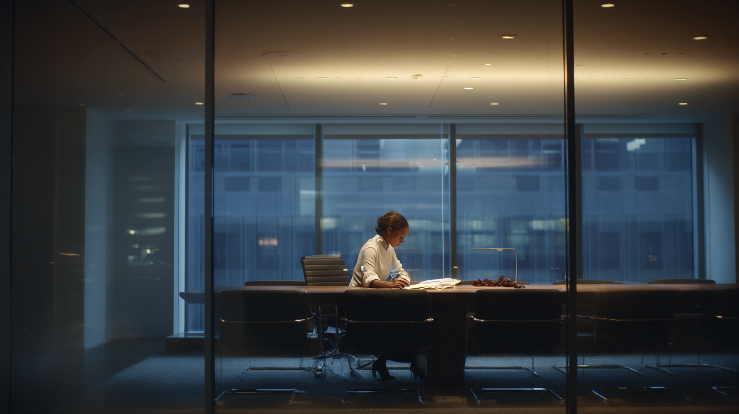 A person is sitting alone at a large conference table in a dimly lit office room, reading documents. The room has a modern design with glass walls and a view of a building outside. The lighting is focused on the table, creating a contrast with the darker surroundings.