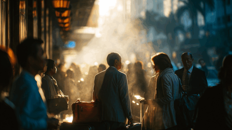 A bustling city street scene during golden hour, with a crowd of people walking and standing. The sunlight creates a warm glow and highlights the silhouettes of individuals, some carrying luggage. The atmosphere is lively, with a mix of shadows and light creating a dramatic effect.