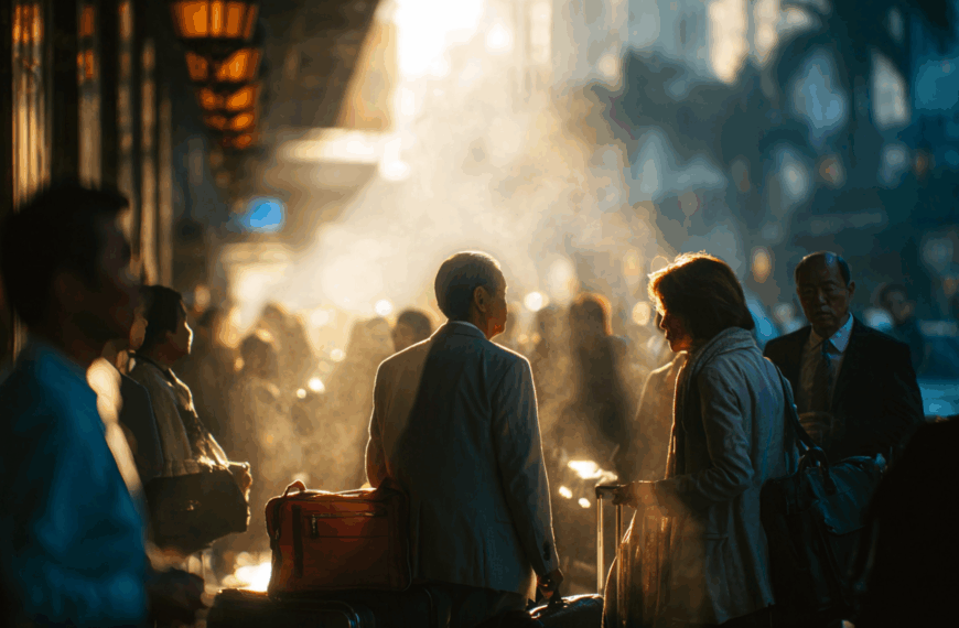 A bustling city street scene during golden hour, with a crowd of people walking and standing. The sunlight creates a warm glow and highlights the silhouettes of individuals, some carrying luggage. The atmosphere is lively, with a mix of shadows and light creating a dramatic effect.