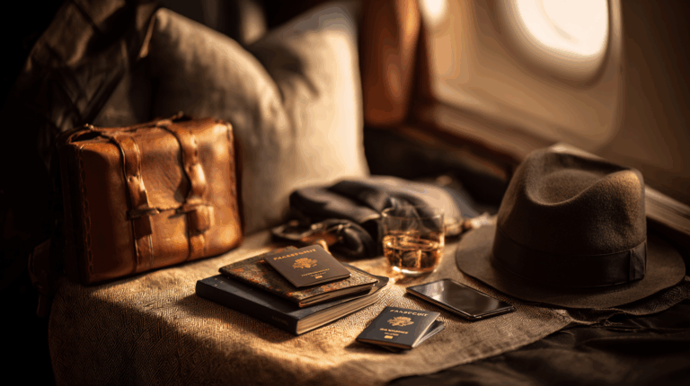 The image shows a cozy travel scene inside an airplane. A leather bag is placed on a seat next to a window. On the table, there are two passports, a stack of books, a smartphone, a glass of whiskey, and a fedora hat. The setting is warmly lit, suggesting a comfortable and relaxed atmosphere.