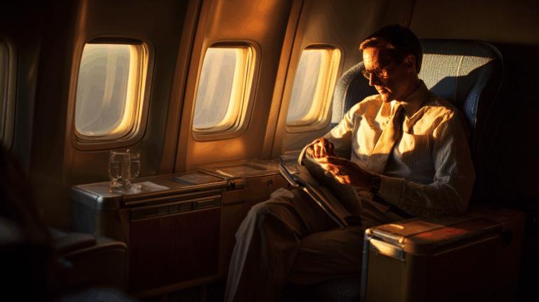 A man is sitting in a comfortable airplane seat, reading a magazine. The warm glow of the sunset streams through the windows, casting a soft light on him. A tray table beside him holds two glasses of water. The scene conveys a sense of calm and relaxation during a flight.