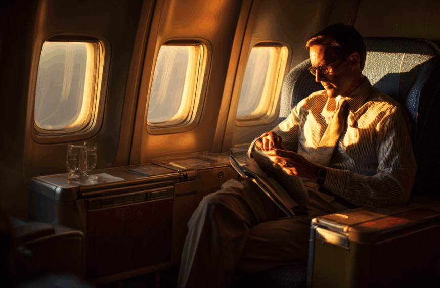 A man is sitting in a comfortable airplane seat, reading a magazine. The warm glow of the sunset streams through the windows, casting a soft light on him. A tray table beside him holds two glasses of water. The scene conveys a sense of calm and relaxation during a flight.
