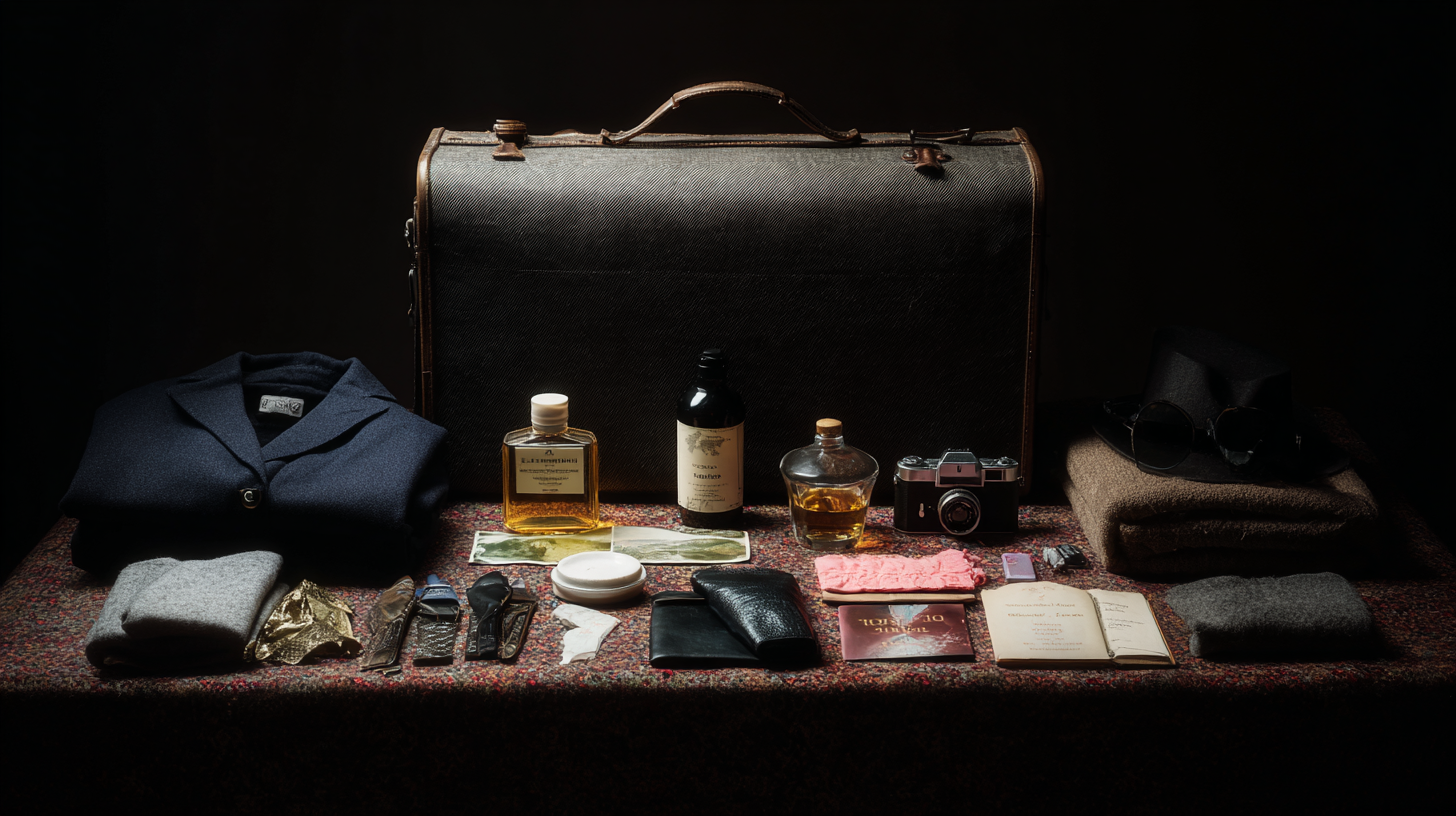 A vintage suitcase is surrounded by various travel items on a patterned surface. These include a folded navy blue coat, a gray sweater, a black hat with sunglasses, a camera, bottles of toiletries, a wallet, a small book, a pink lace item, and several other personal accessories. The arrangement suggests preparation for a journey.