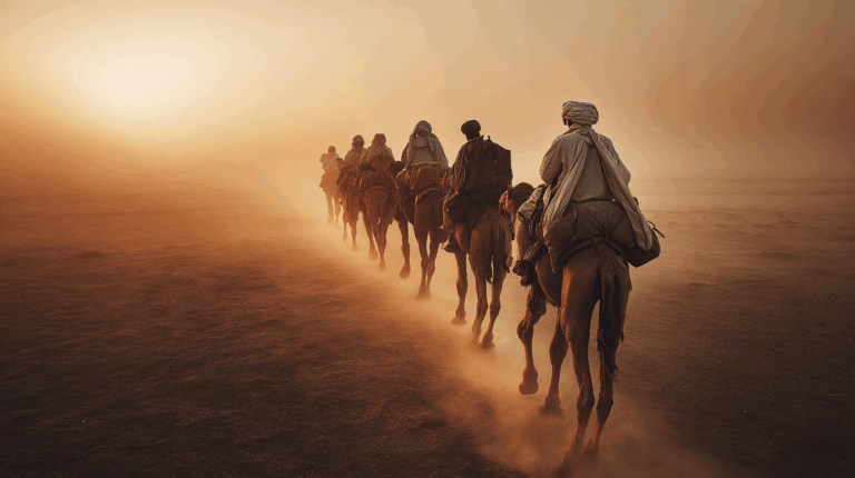A group of people riding camels in a line through a desert landscape at sunset. The scene is enveloped in a warm, golden light, with dust rising from the ground, creating a hazy atmosphere. The riders are dressed in traditional attire, and the sun is low on the horizon, casting long shadows.