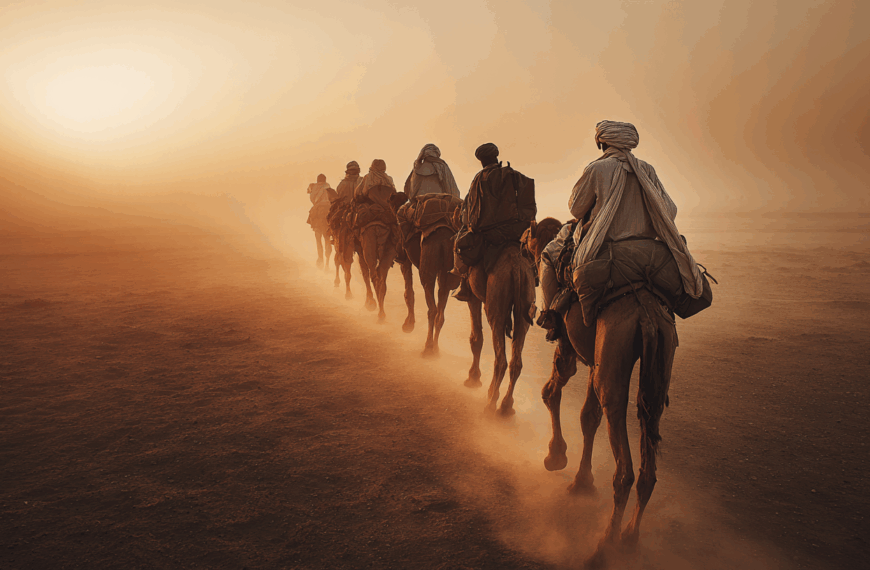 A group of people riding camels in a line through a desert landscape at sunset. The scene is enveloped in a warm, golden light, with dust rising from the ground, creating a hazy atmosphere. The riders are dressed in traditional attire, and the sun is low on the horizon, casting long shadows.