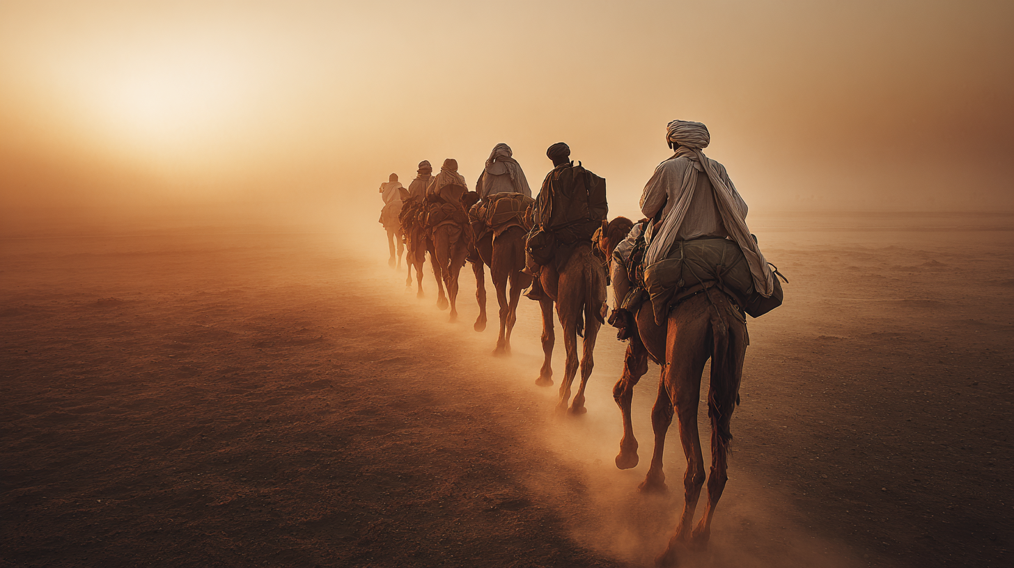 A group of people riding camels in a line through a desert landscape at sunset. The scene is enveloped in a warm, golden light, with dust rising from the ground, creating a hazy atmosphere. The riders are dressed in traditional attire, and the sun is low on the horizon, casting long shadows.