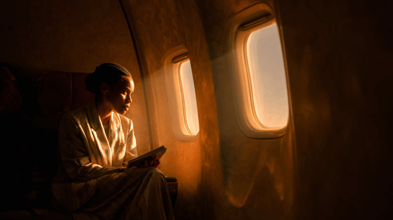 A person is sitting in an airplane seat, looking out the window. The warm sunlight is streaming in, illuminating their face and the interior of the plane. They are holding a book and appear to be deep in thought. The atmosphere is calm and serene.