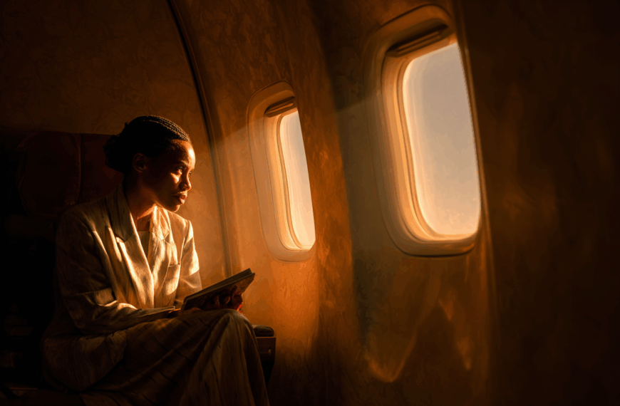 A person is sitting in an airplane seat, looking out the window. The warm sunlight is streaming in, illuminating their face and the interior of the plane. They are holding a book and appear to be deep in thought. The atmosphere is calm and serene.