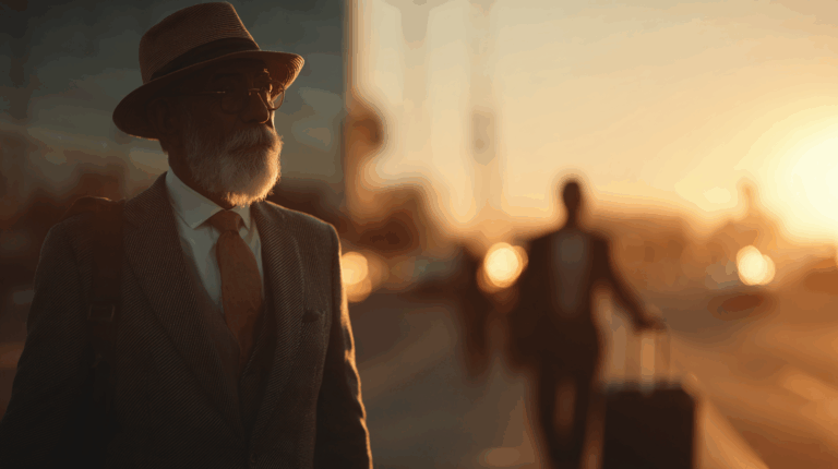 A bearded man wearing a hat, glasses, and a suit with a tie is walking outdoors during sunset. The background is blurred, showing another person with a suitcase and the warm glow of the setting sun.