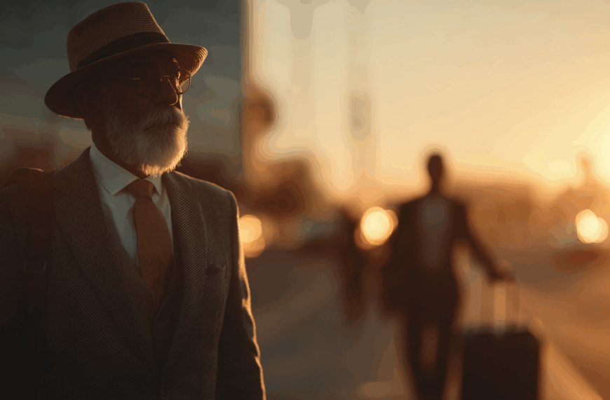 A bearded man wearing a hat, glasses, and a suit with a tie is walking outdoors during sunset. The background is blurred, showing another person with a suitcase and the warm glow of the setting sun.