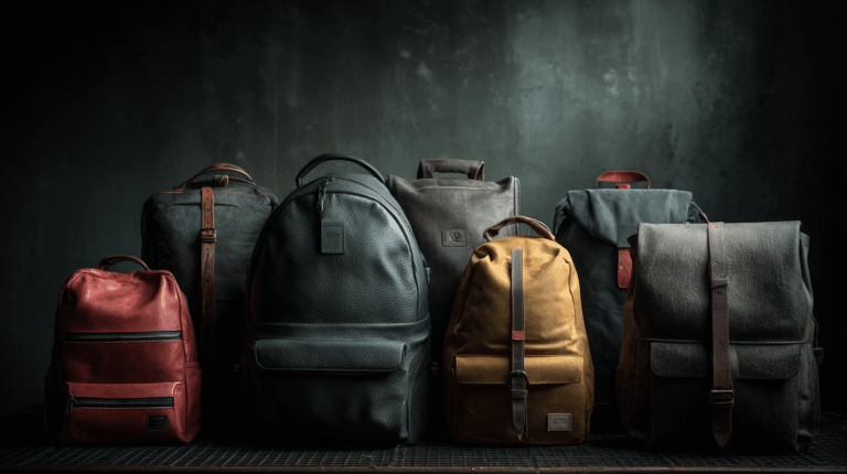A collection of six backpacks is displayed against a dark, textured background. The backpacks vary in color and material, including red, black, brown, and gray, with different designs such as zippers, buckles, and leather straps. The arrangement is symmetrical, creating a visually appealing composition.