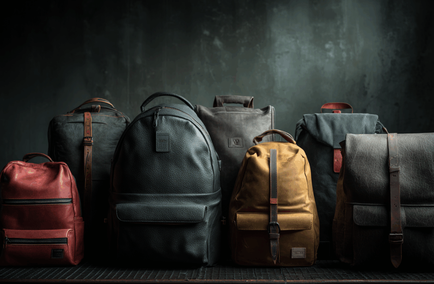 A collection of six backpacks is displayed against a dark, textured background. The backpacks vary in color and material, including red, black, brown, and gray, with different designs such as zippers, buckles, and leather straps. The arrangement is symmetrical, creating a visually appealing composition.