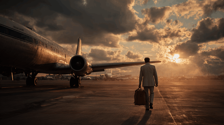 A person in a suit is walking on an airport tarmac towards a large airplane, carrying a suitcase. The scene is set during sunset, with dramatic clouds and the sun low in the sky, casting a warm glow over the scene.