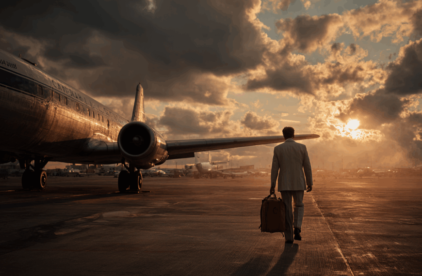 A person in a suit is walking on an airport tarmac towards a large airplane, carrying a suitcase. The scene is set during sunset, with dramatic clouds and the sun low in the sky, casting a warm glow over the scene.