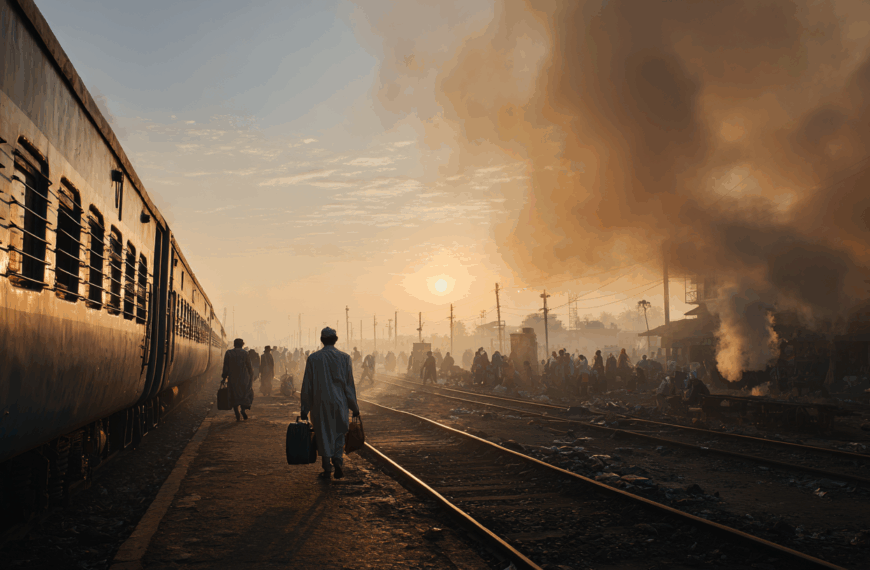 A person is walking along a train platform carrying bags, with a train on the left side. The scene is set during sunrise or sunset, casting a warm glow. Smoke rises from the right side, and there are people in the background near the tracks. The atmosphere is busy and slightly hazy.