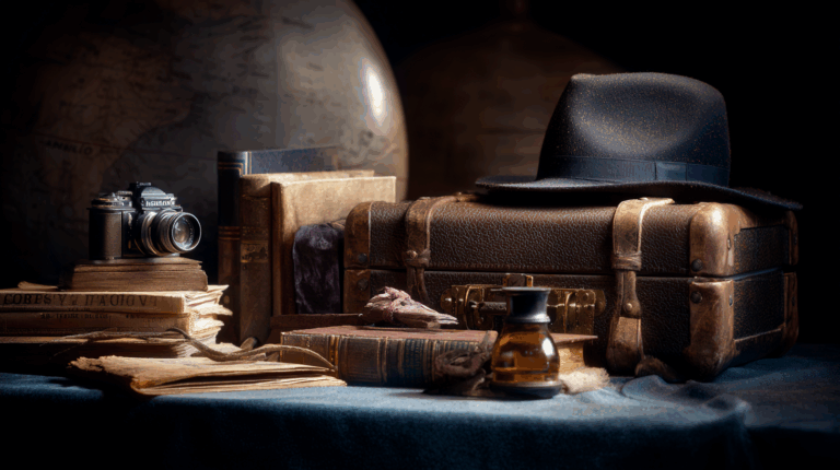 A vintage still life scene featuring an old camera resting on a stack of aged books and papers. To the right, there is a leather suitcase with a black fedora hat placed on top. In the foreground, there is a small glass bottle and more books. The background includes a globe, adding to the nostalgic and adventurous atmosphere.