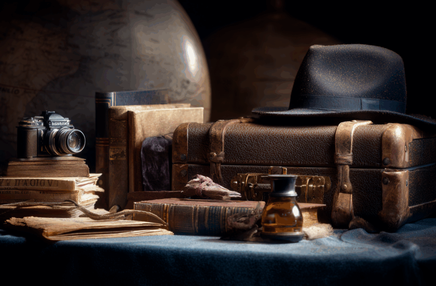 A vintage still life scene featuring an old camera resting on a stack of aged books and papers. To the right, there is a leather suitcase with a black fedora hat placed on top. In the foreground, there is a small glass bottle and more books. The background includes a globe, adding to the nostalgic and adventurous atmosphere.