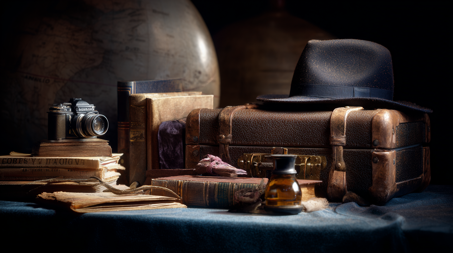 A vintage still life scene featuring an old camera resting on a stack of aged books and papers. To the right, there is a leather suitcase with a black fedora hat placed on top. In the foreground, there is a small glass bottle and more books. The background includes a globe, adding to the nostalgic and adventurous atmosphere.