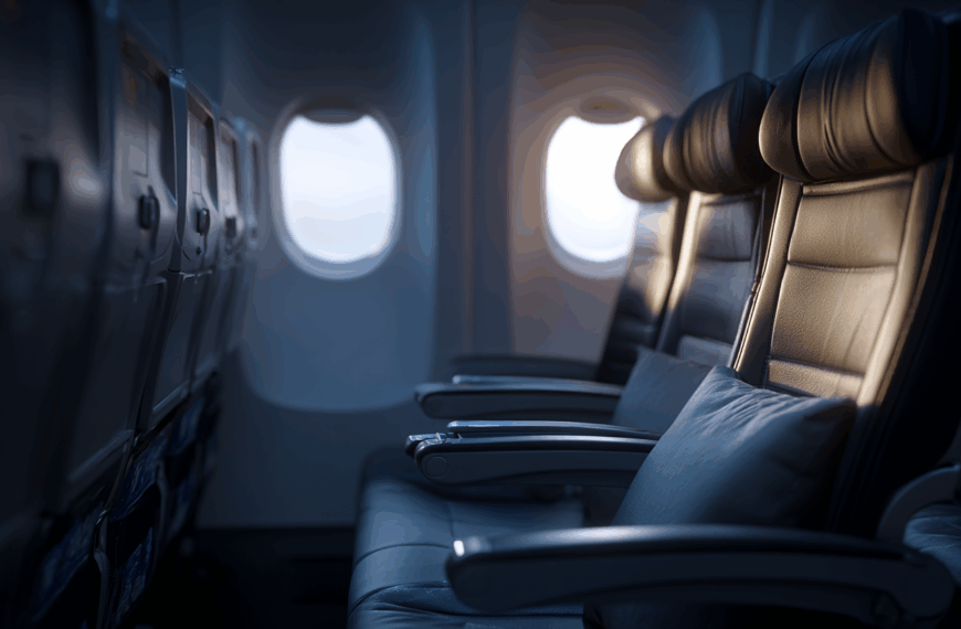 The image shows the interior of an airplane cabin, focusing on a row of empty seats. The seats are upholstered in dark leather and have armrests. A pillow is placed on one of the seats. Sunlight is streaming in through the windows, creating a warm glow on the seats. The overall atmosphere is calm and quiet.