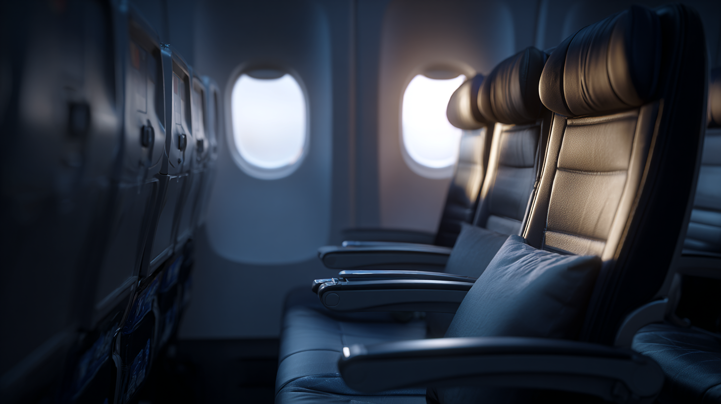 The image shows the interior of an airplane cabin, focusing on a row of empty seats. The seats are upholstered in dark leather and have armrests. A pillow is placed on one of the seats. Sunlight is streaming in through the windows, creating a warm glow on the seats. The overall atmosphere is calm and quiet.