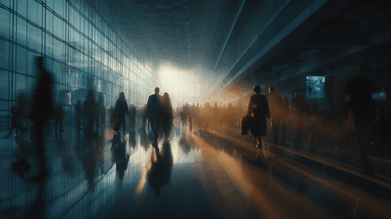 A large, modern indoor space with a high ceiling and glass walls, filled with silhouettes of people walking in various directions. The scene is bathed in warm, diffused light coming from a large window, creating long shadows on the reflective floor. The atmosphere is busy and dynamic, suggesting a bustling public area like an airport or train station.