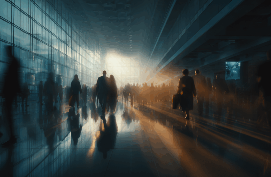 A large, modern indoor space with a high ceiling and glass walls, filled with silhouettes of people walking in various directions. The scene is bathed in warm, diffused light coming from a large window, creating long shadows on the reflective floor. The atmosphere is busy and dynamic, suggesting a bustling public area like an airport or train station.