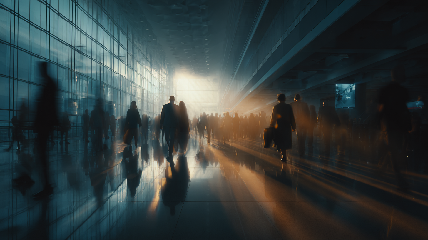 A large, modern indoor space with a high ceiling and glass walls, filled with silhouettes of people walking in various directions. The scene is bathed in warm, diffused light coming from a large window, creating long shadows on the reflective floor. The atmosphere is busy and dynamic, suggesting a bustling public area like an airport or train station.