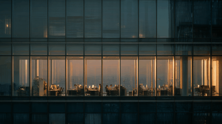 The image shows a view into an office building through large glass windows. Inside, several people are working at desks with computers. The office is illuminated with warm lighting, contrasting with the dim exterior. The cityscape is faintly visible in the background through the windows.