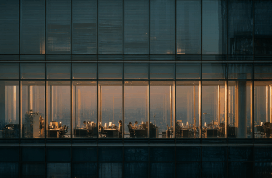 The image shows a view into an office building through large glass windows. Inside, several people are working at desks with computers. The office is illuminated with warm lighting, contrasting with the dim exterior. The cityscape is faintly visible in the background through the windows.