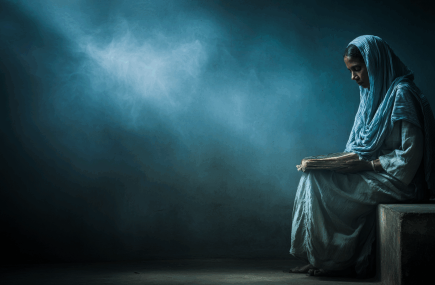 A woman in a blue traditional outfit and headscarf sits on a ledge in a dimly lit room, holding an old book. She is looking down at the book, with a contemplative expression. The background is a textured blue wall with a beam of light creating a misty effect.