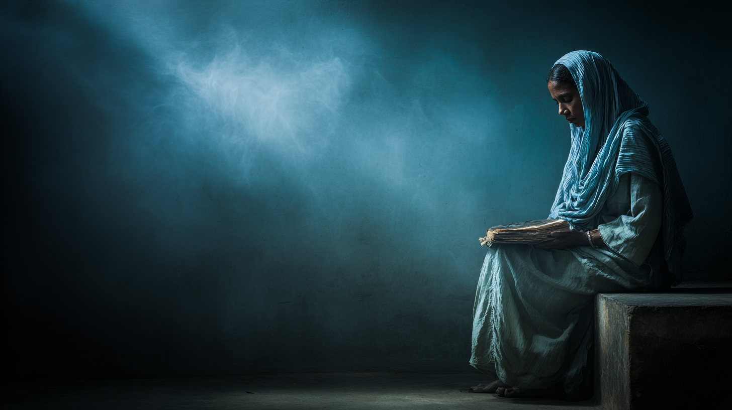 A woman in a blue traditional outfit and headscarf sits on a ledge in a dimly lit room, holding an old book. She is looking down at the book, with a contemplative expression. The background is a textured blue wall with a beam of light creating a misty effect.
