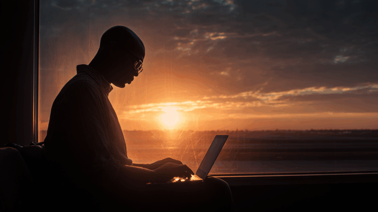 A person is sitting by a window, silhouetted against a sunset. They are using a laptop, with the sun setting in the background, casting an orange glow across the sky.