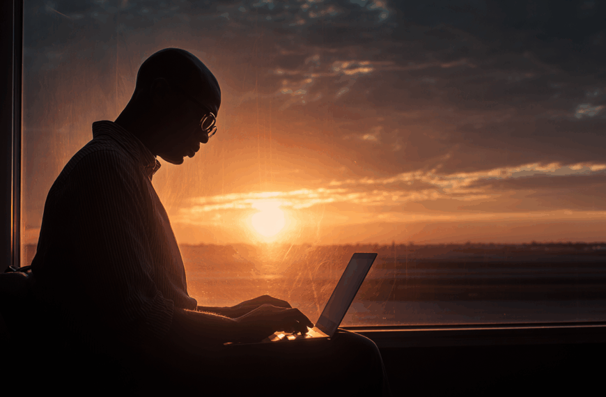 A person is sitting by a window, silhouetted against a sunset. They are using a laptop, with the sun setting in the background, casting an orange glow across the sky.