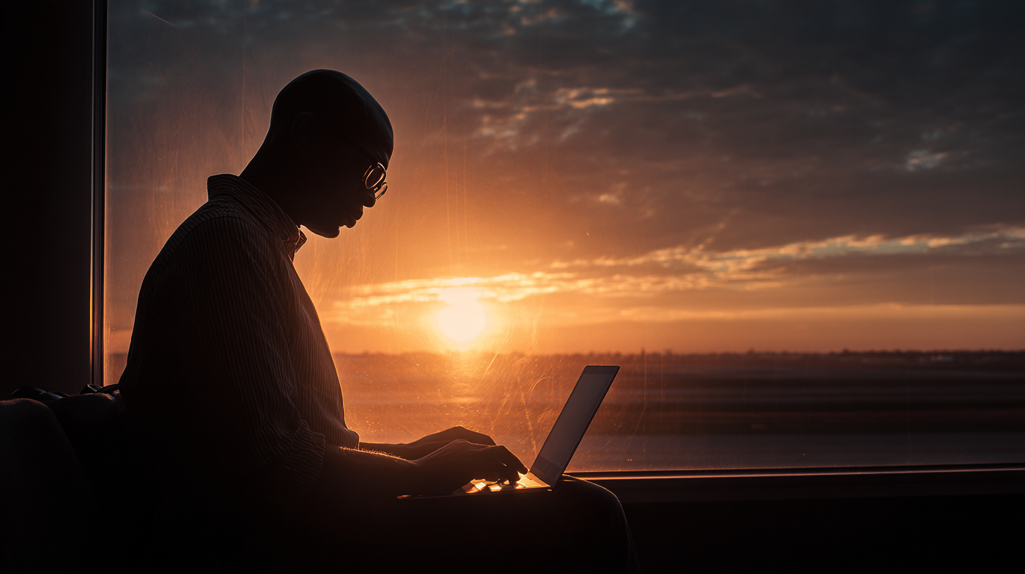 A person is sitting by a window, silhouetted against a sunset. They are using a laptop, with the sun setting in the background, casting an orange glow across the sky.