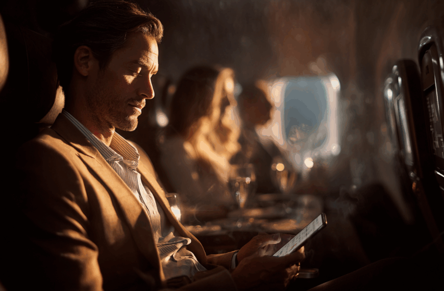 A man is sitting in an airplane seat, looking at a smartphone. He is wearing a brown blazer and a striped shirt. The cabin is dimly lit, with sunlight streaming through the window, casting a warm glow. Other passengers are seated in the row behind him, and there are in-flight entertainment screens on the seat backs.
