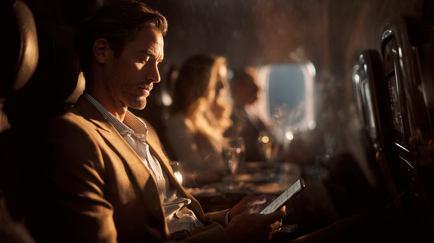 A man is sitting in an airplane seat, looking at a smartphone. He is wearing a brown blazer and a striped shirt. The cabin is dimly lit, with sunlight streaming through the window, casting a warm glow. Other passengers are seated in the row behind him, and there are in-flight entertainment screens on the seat backs.